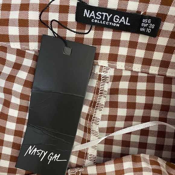 NWT NASTY GAL Brown Gingham Plaid Trouser Pants Retro 70s Style High Waist - Picture 8 of 10
